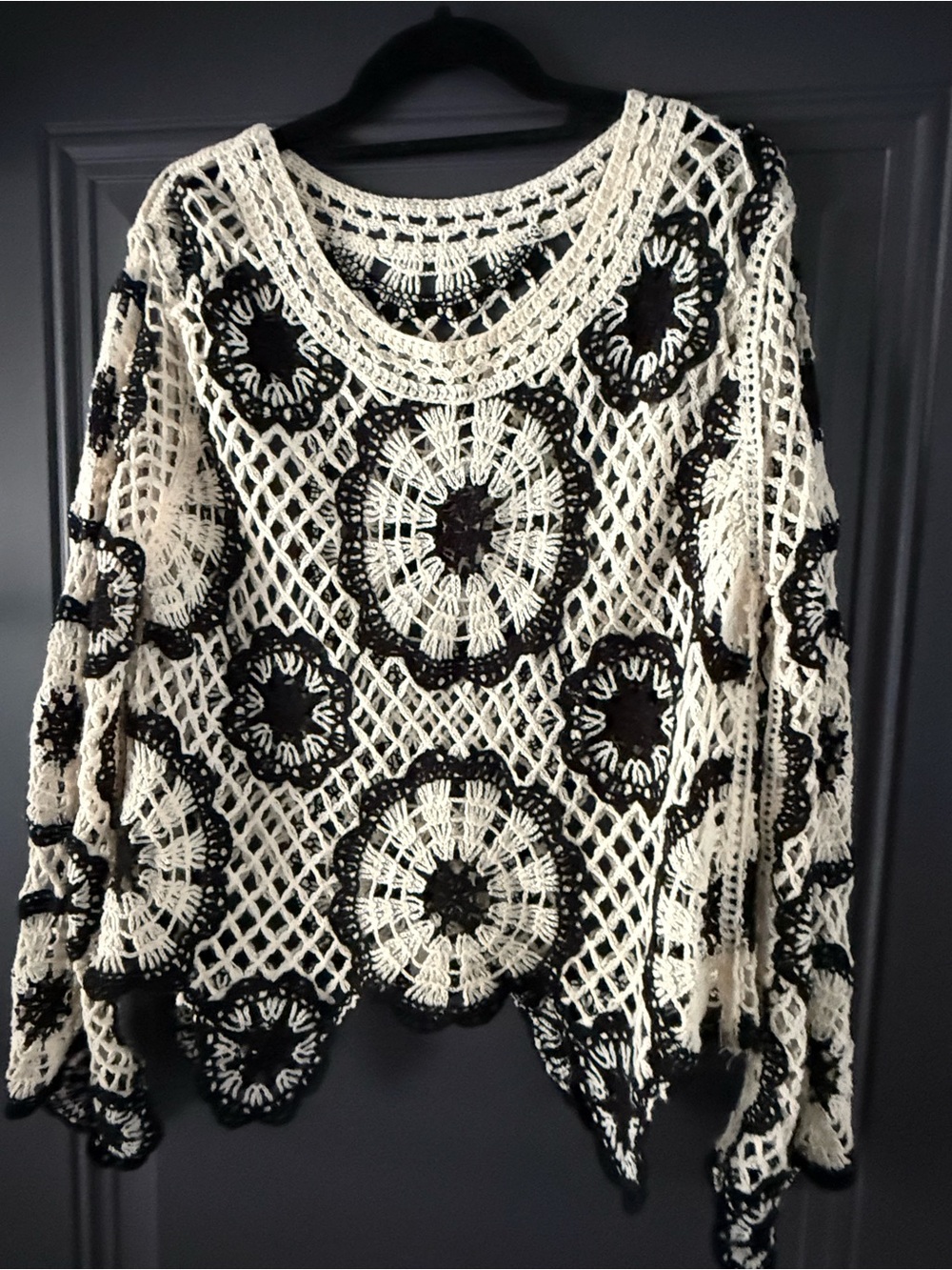 Source Unknown Crochet Openwork Sweater in Cream and Black